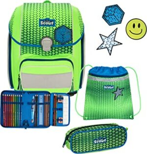 Scout Schulrucksack Genius Set 4tlg. Safety Green Gecko Neon Grün