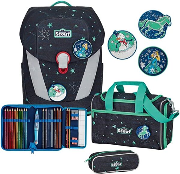 Scout Schulrucksack Exklusiv II Set 4tlg. LED Sternenhimmel Blau